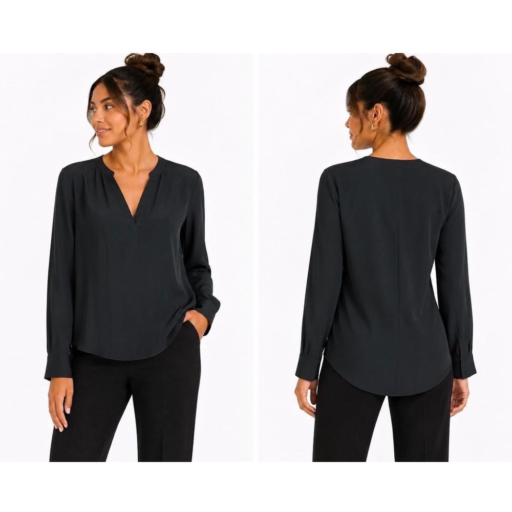 Vince Black Silk Blend Popover Blouse Women's Lrg Long Sleeve Minimalist Career